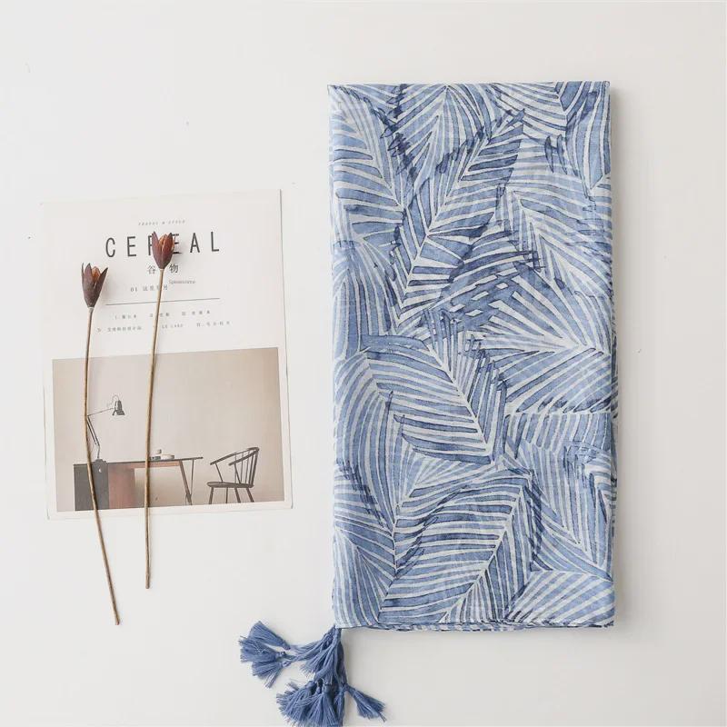 Синий шелковый шарф в стиле бохо с банановыми листьями - солнцезащитная шаль с кисточками