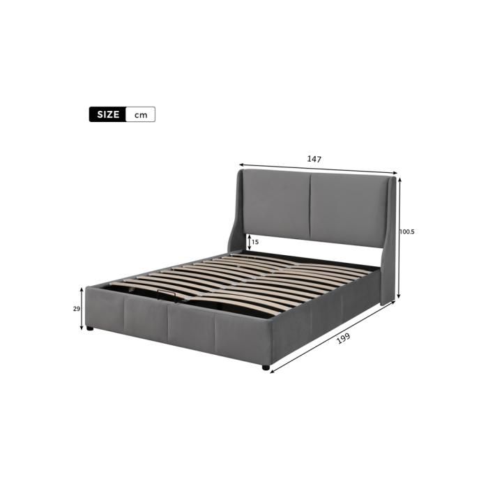 Lit double - MUVOE - 140 x 190 - Gris - Rembourré - Fonctionnel hydraulique