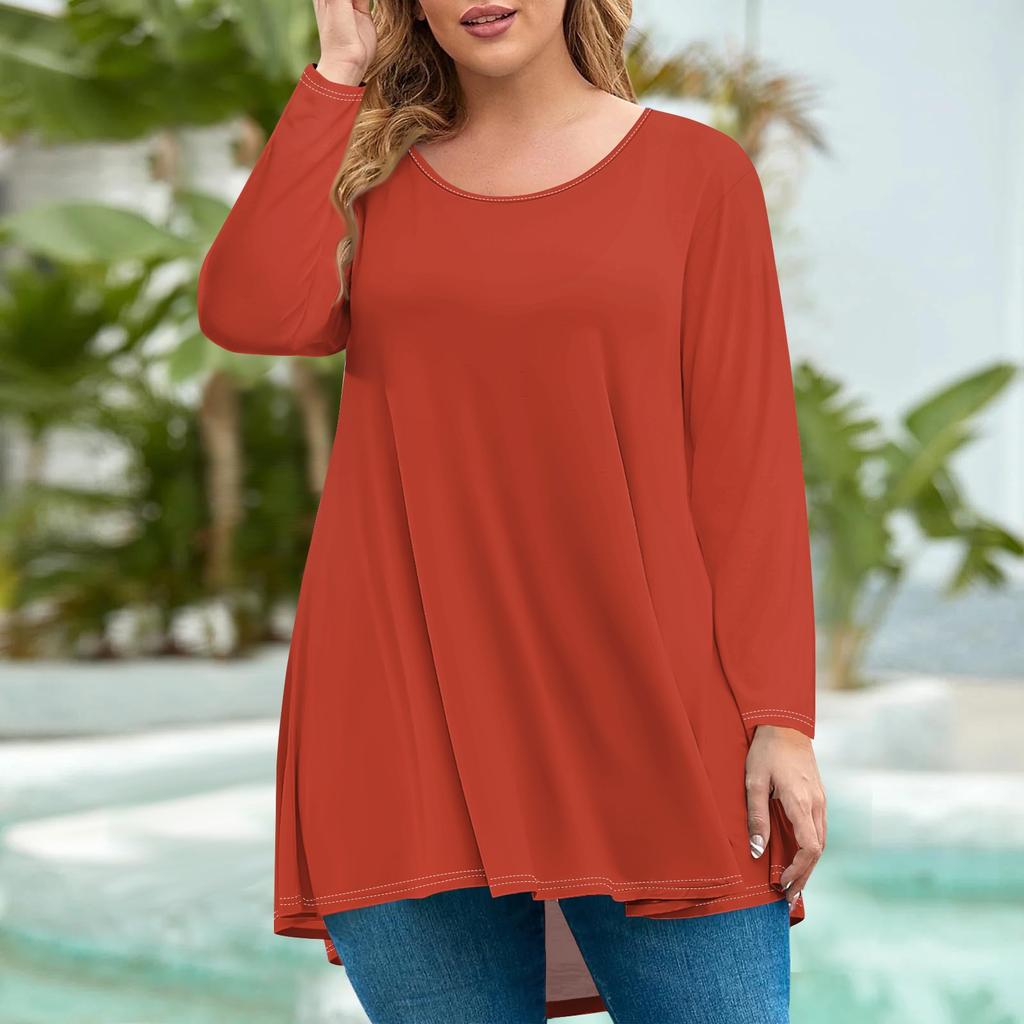 Women's Fashion Large Size Round Neck Long Sleeve Casual Solid Color Loose Pullover Top
