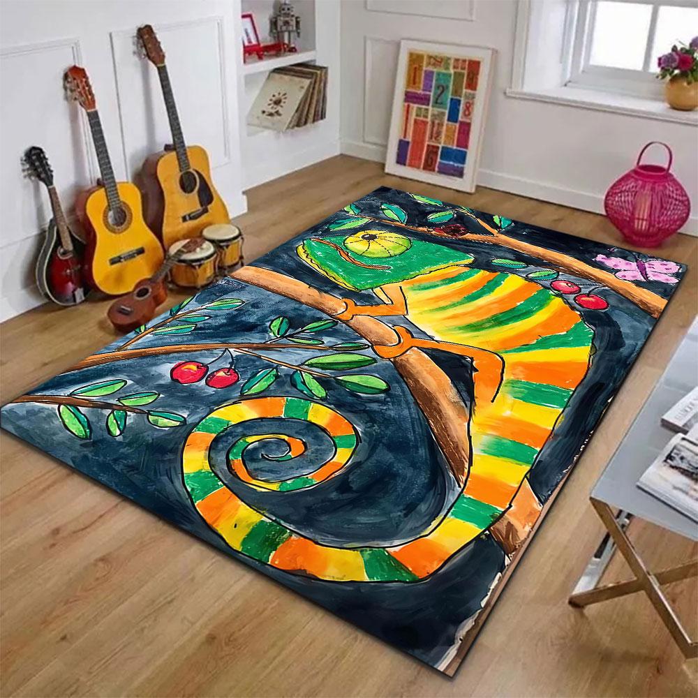 Colorful Chameleon on Cherry Tree Patterned carpet, suitable as a non slip play mat for the living room and bedroom sofa