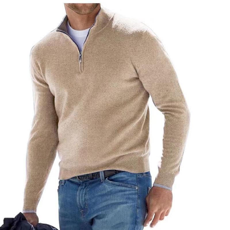 Men's Autumn Long Sleeve V-Neck Wool Polo Shirt with Plush Zipper