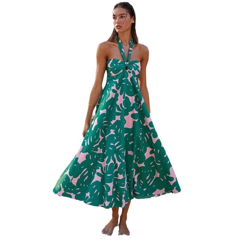 Летнее платье с вырезом на шее и длинной юбкой без рукавов для женщин