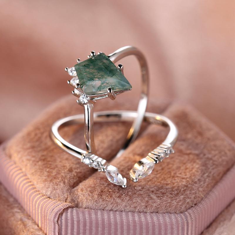 Кольцо из настоящего серебра 925 пробы с зеленым агатом и моховым камнем, геометрический комплект из 2 винтажных колец для женщин, свадебные украшения
