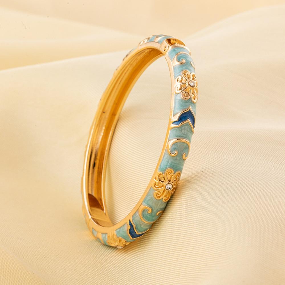 New Colorful Bangle Bracelet Gold Plated Chinese Style Enamel Flower Bracelet Elegant Handmade Cuff Bracelet Women