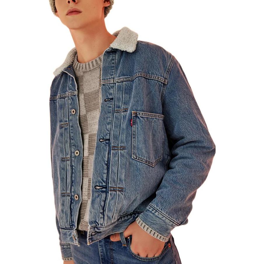 Levis Выбеленная винтажная джинсовая куртка с воротником на одной пуговице и длинными рукавами Мужские куртки Синяя A4080-0000