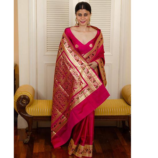 Индийское традиционное мягкое шелковое сари личи с жаккардовым плетением