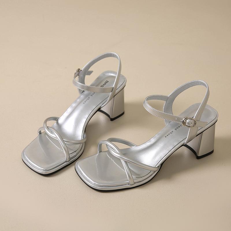 Летние женские серебристые сандалии с квадратным носком, модные женские сандалии-гладиаторы на высоком каблуке для улицы