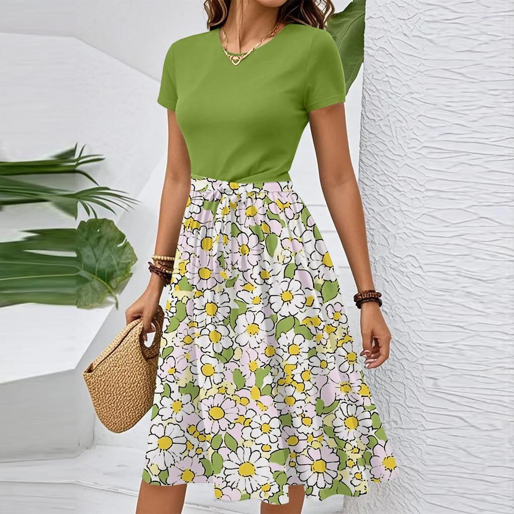 Women's Casual Fashion Belted Floral Print Short Sleeve Round Neck Elegant Dress