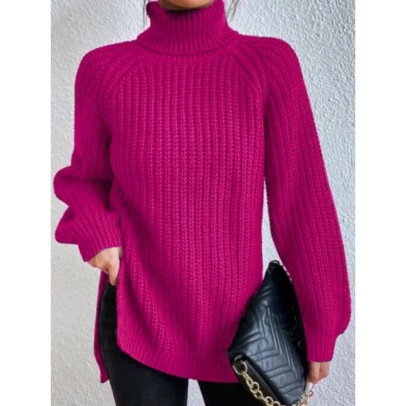 Autumn and Winter Women's Plus Size Knit Sweater Medium Long Shoulder Sleeve High Lapel Split Sweater Dress