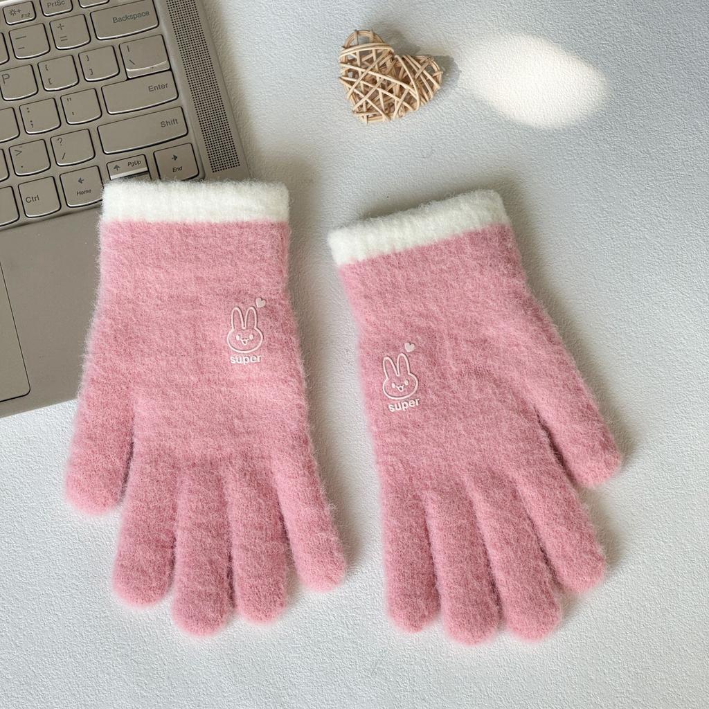 Cute Bunny Embroidery Fluffy Knitted Warm Winter Gloves for Ladies
