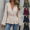Women's Solid Color Double Breasted Long Sleeved Top with Elegant V-neck and Pleated Design Suitable for Dating and Work, Paired