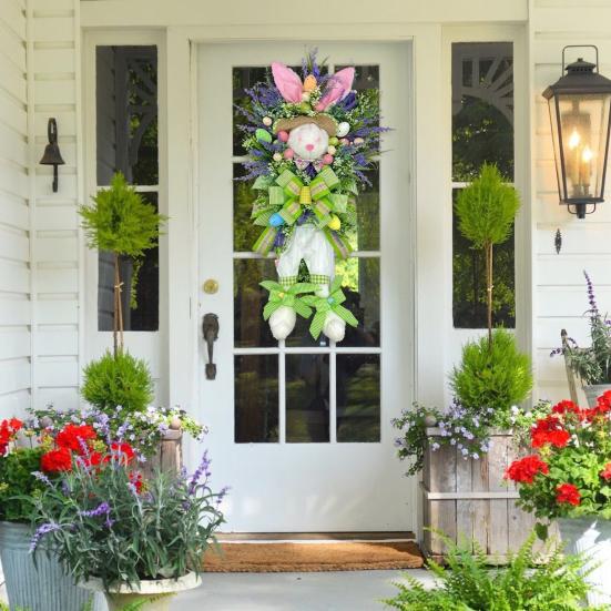 Венок с пасхальным кроликом, весеннее украшение на входную дверь, искусственный цветок, венок с кроликом и бантом для декора стены и окна