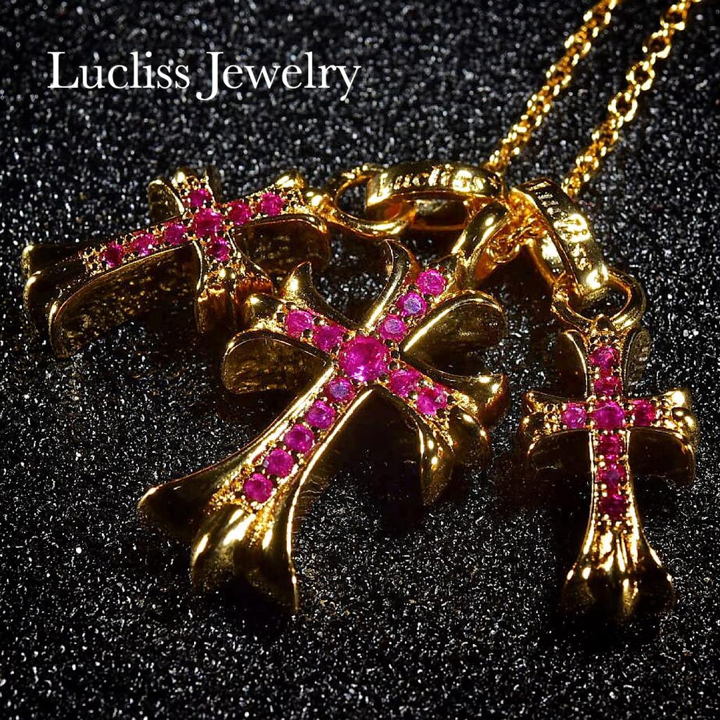 Lucliss Ожерелье с крестом Отечественный производитель 3 нити 24K Цирконий GP Розовое 24K Ожерелье с крестом [Золотой камень] Мужское Женское