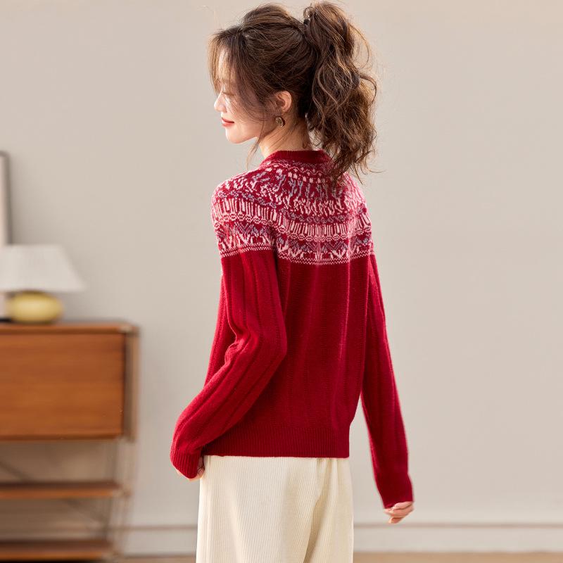 Red Fair Isle Jacquard Wool Sweater - Loose Round Neck Knit Top for Small Person