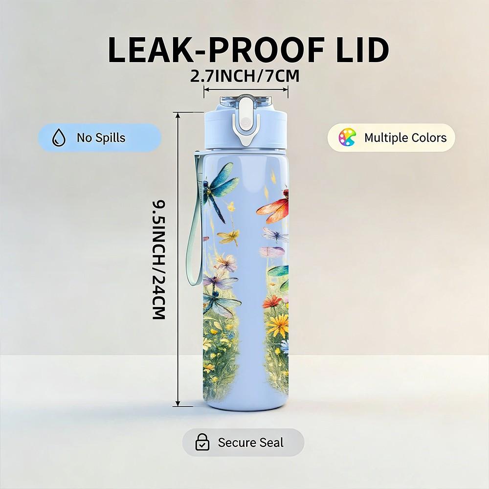 1PC Dragonfly Pond Watercolor Nature Print 750ml Color Plastic Sports Water Bottle Leakproof Flip Straw Lid Suitable for Sports Office Home Use