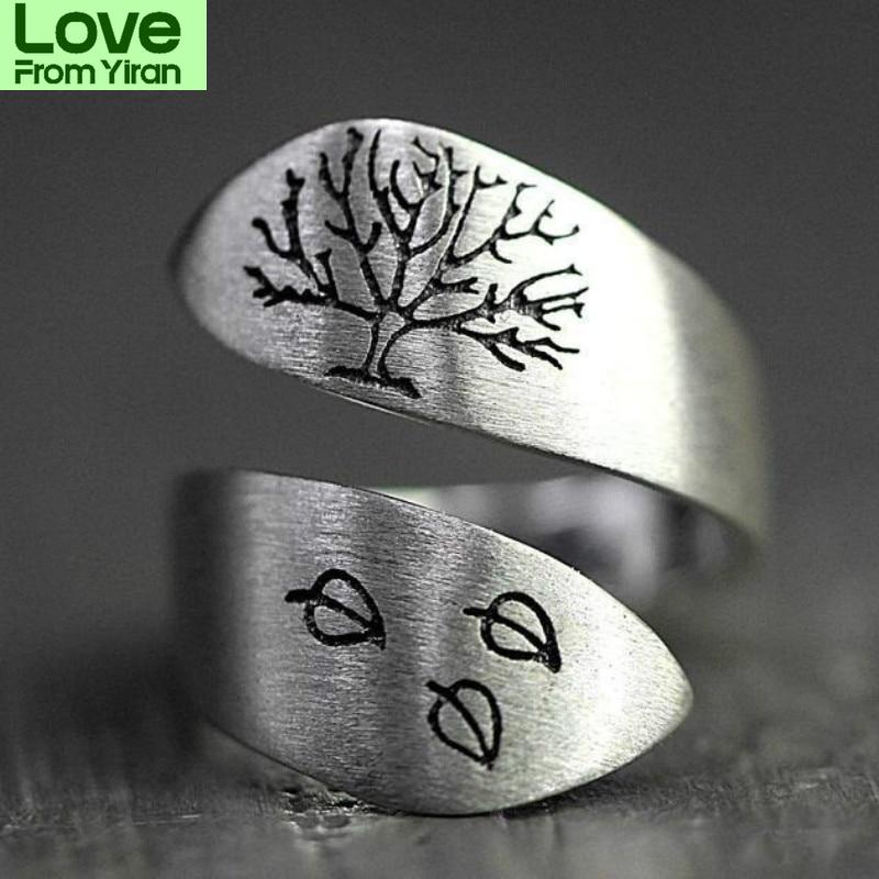 Vintage 925 Silver Drawing Craft Three Leaves Tree Of Life Open Ring Gift Jewelry Ring Wholesale