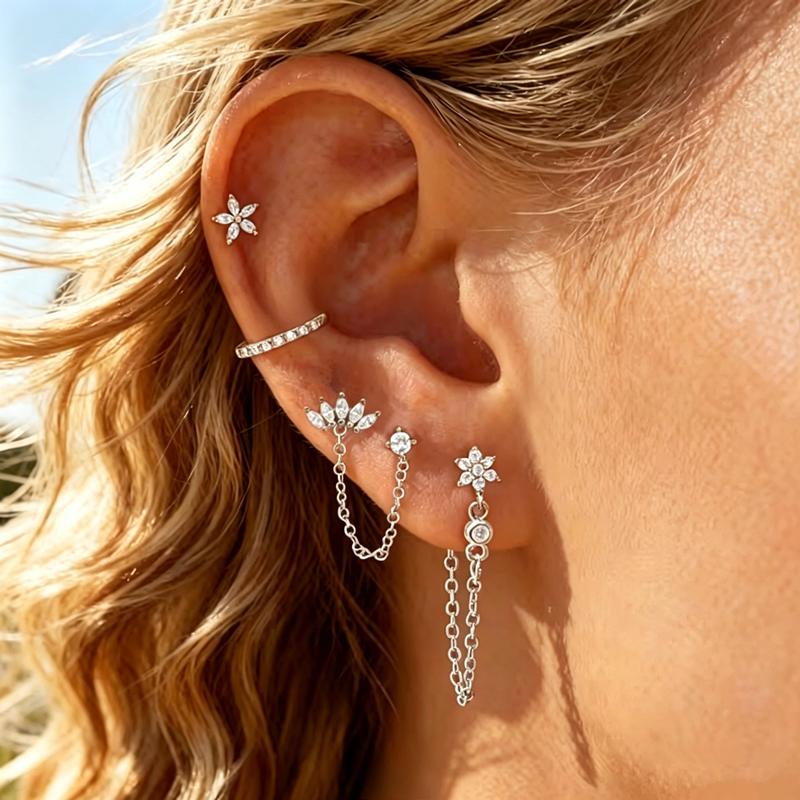 4PC Flower Chain Stud Earring For Women Fashion Tragus Huggie Hoop Earrings Set Cartilage Lobe Piercing Orelha Helix Jewelry Lot