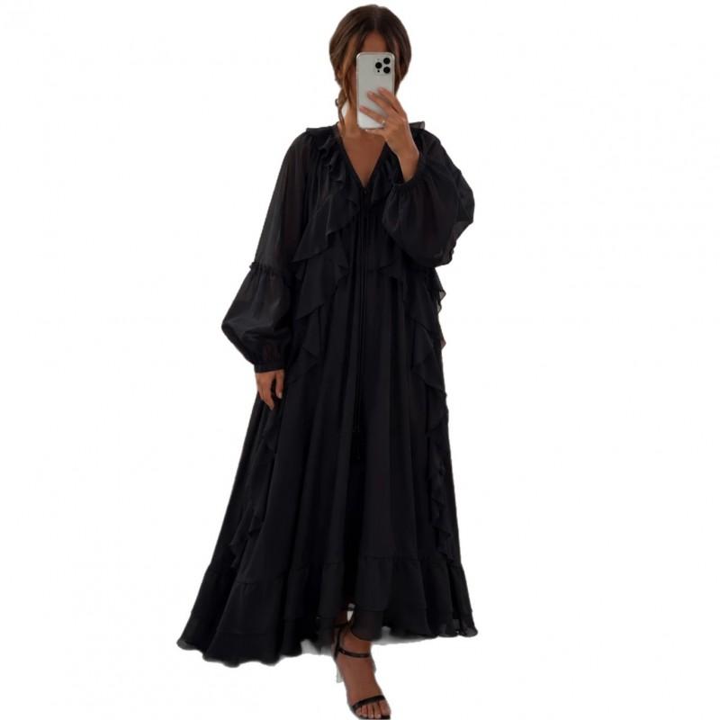 Womens 2026 Loose Fit V-Neck Lantern Sleeve Maxi Dress With Ruffle Hem - Solid Color Casual Style