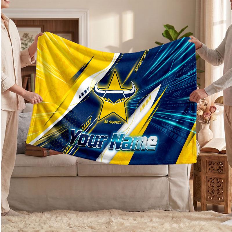 North Queensland Cowboys Flannel Blanket, Custom Name Text Personalized Soft Throw Blanket Home Decor Gift