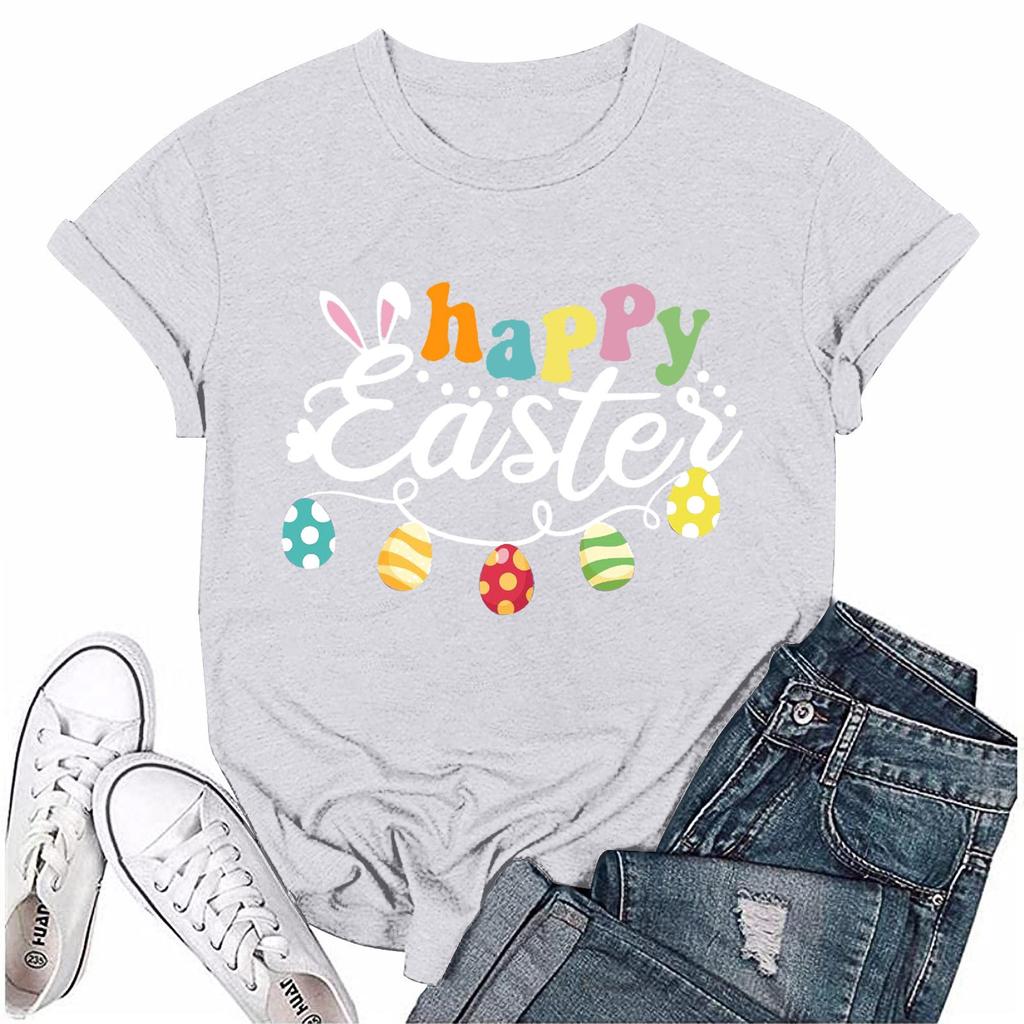 Женская модная пасхальная принтованная повседневная плиссированная круглая футболка с коротким рукавом