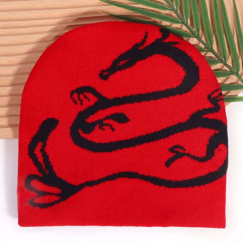 Street Style Knitted Cap With Dragon Animal Pattern For Cold Seasons