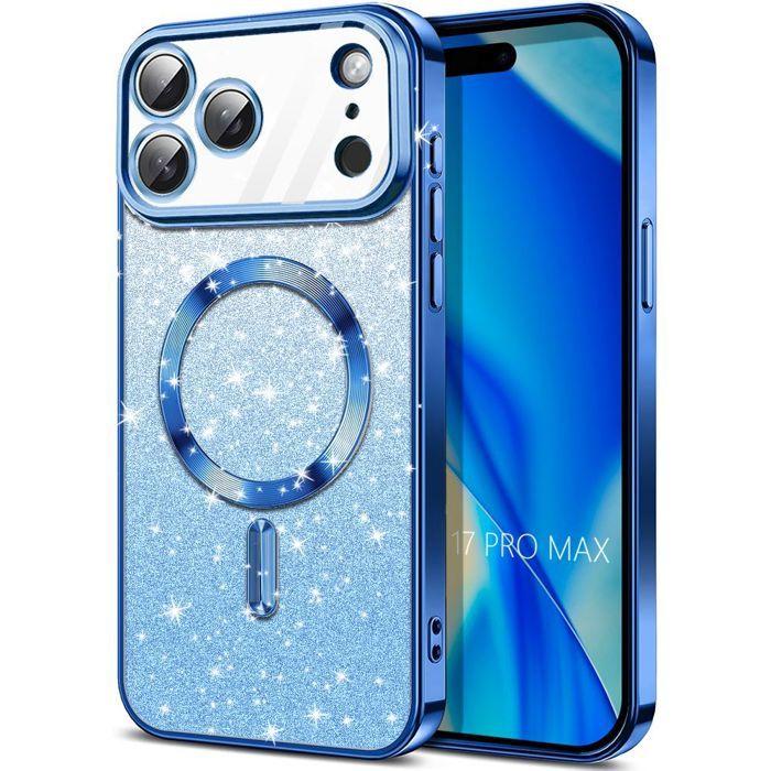 Coque Silicone - BOOLING - pour iPhone 17 Pro Max - Paillette avec Cercle Magnétique - Bleu