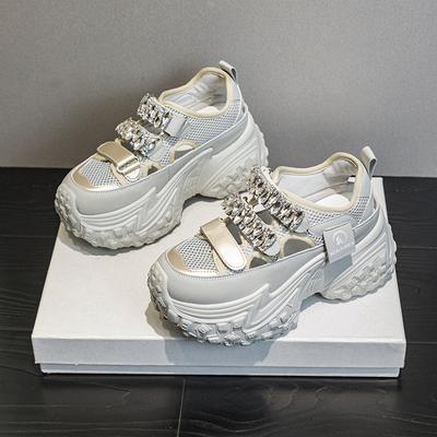 Женские кроссовки на толстой подошве с полым сетчатым верхом, стразами и дышащие, повседневные, модные, универсальные женские сандалии