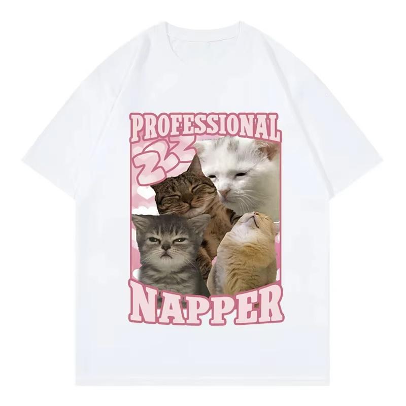 Cute Sleepy Cat Professional Napper Graphic T Shirt Unisex Unisex Y2k Hip Hop Streetwear Funny Kitten Print Black Short Sleeve Tee