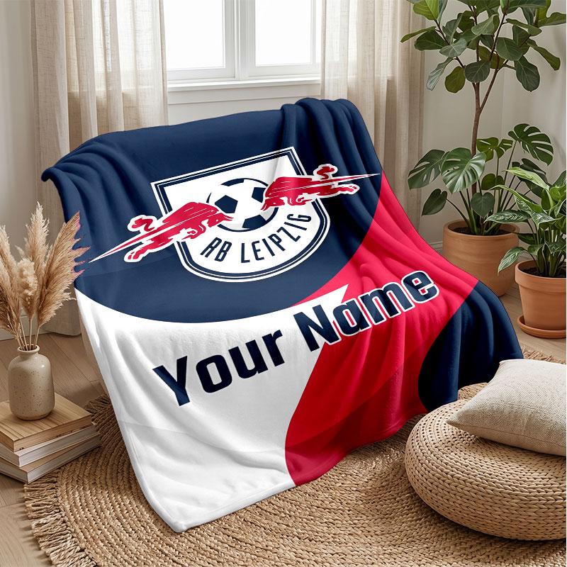 RB Leipzig FC Custom Name Text Flannel Blanket Soccer Logo Personalized Fleece Throw Blanket Special Gift For Sofa Bedroom Home