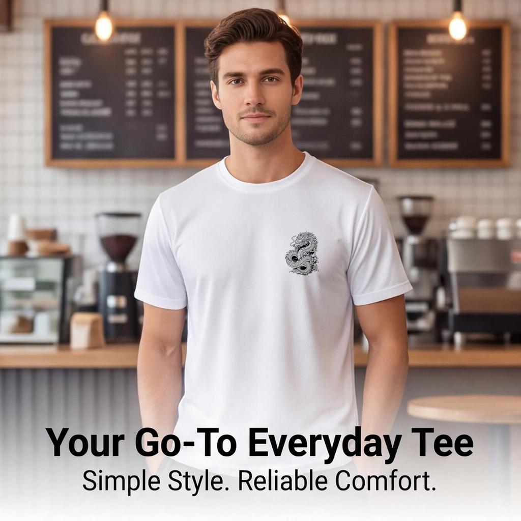 Dragon-patterned line drawing men's sports T-shirt, suitable for everyday wear, travel, and university commuting.