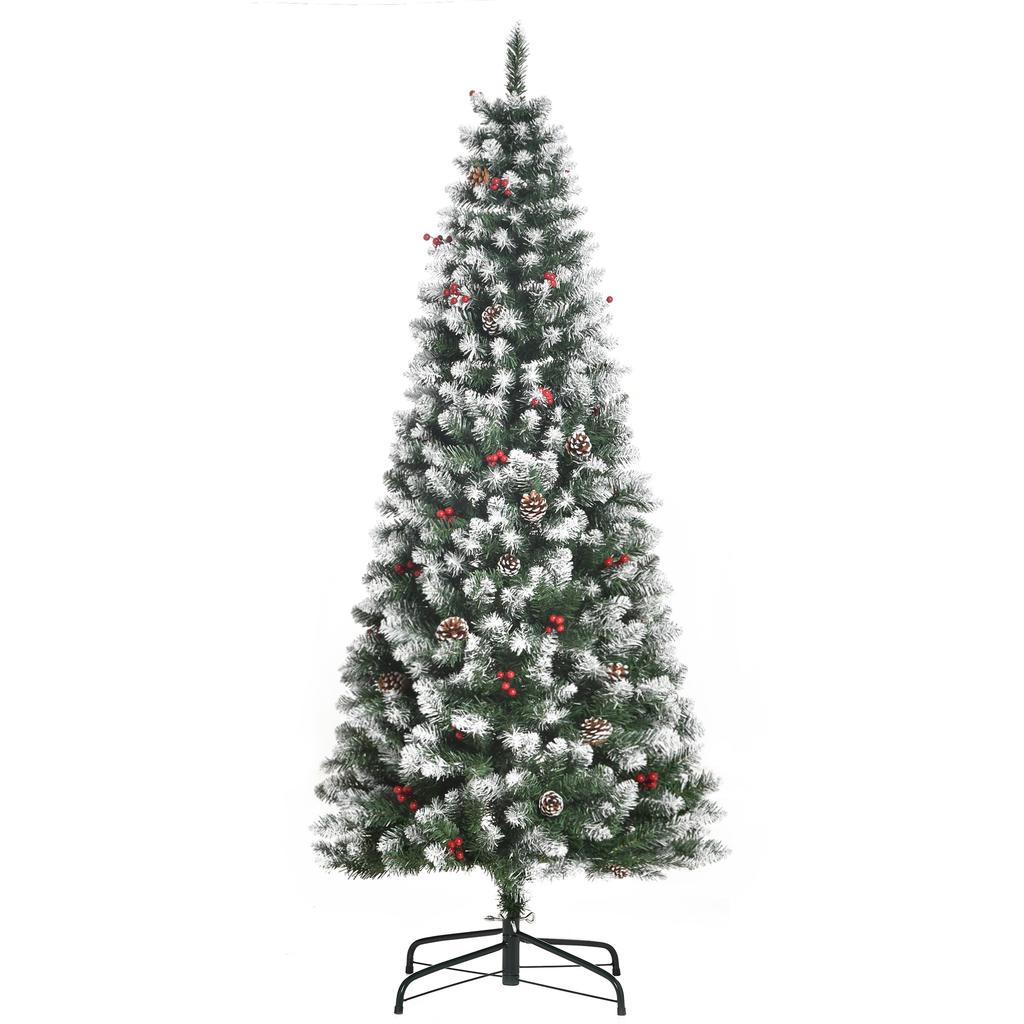 180cm Artificial Christmas Tree with 618 Branches, Berries, Pinecones, and Snowy Tips - Green Indoor Christmas Decoration