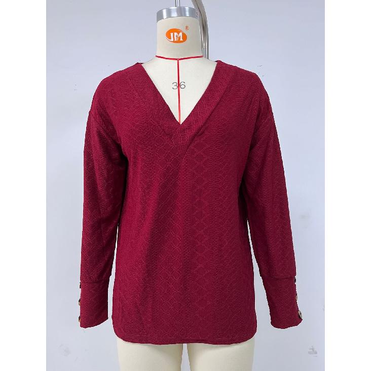 2024 Европейская и Американская осень/зима Новая однотонная свободная футболка с V-образным вырезом и пуговицами для женщин