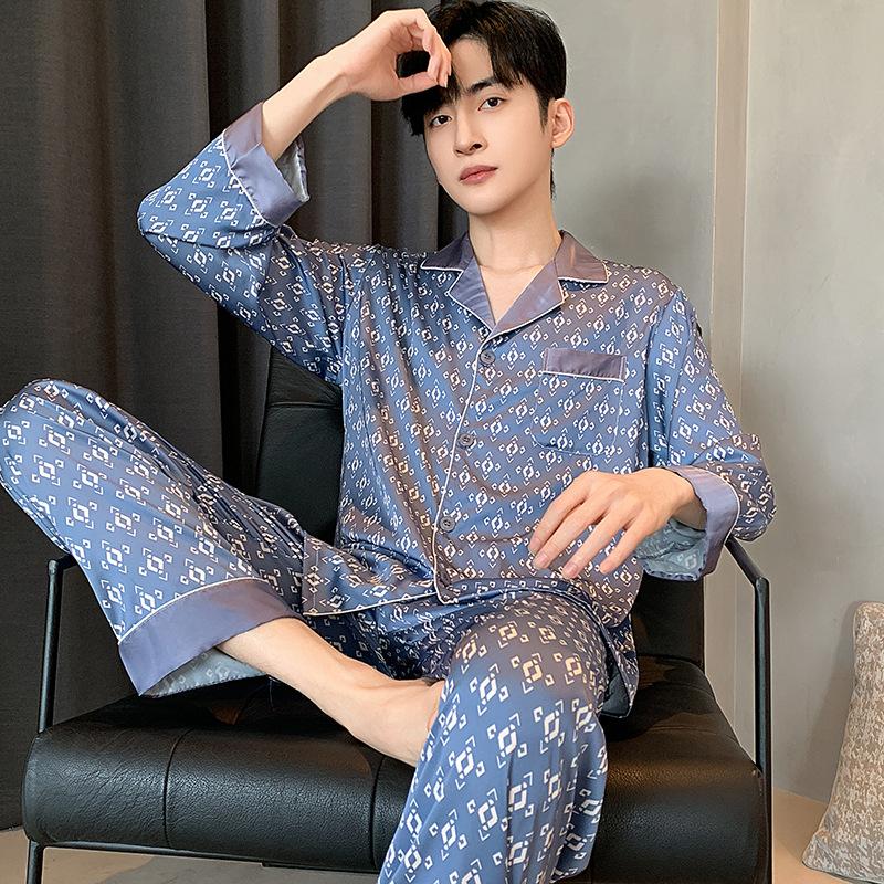 Мужской пижамный костюм весна-осень ледяной шелковый кардиган с длинными рукавами атласная пижама для мужчин домашняя одежда лето
