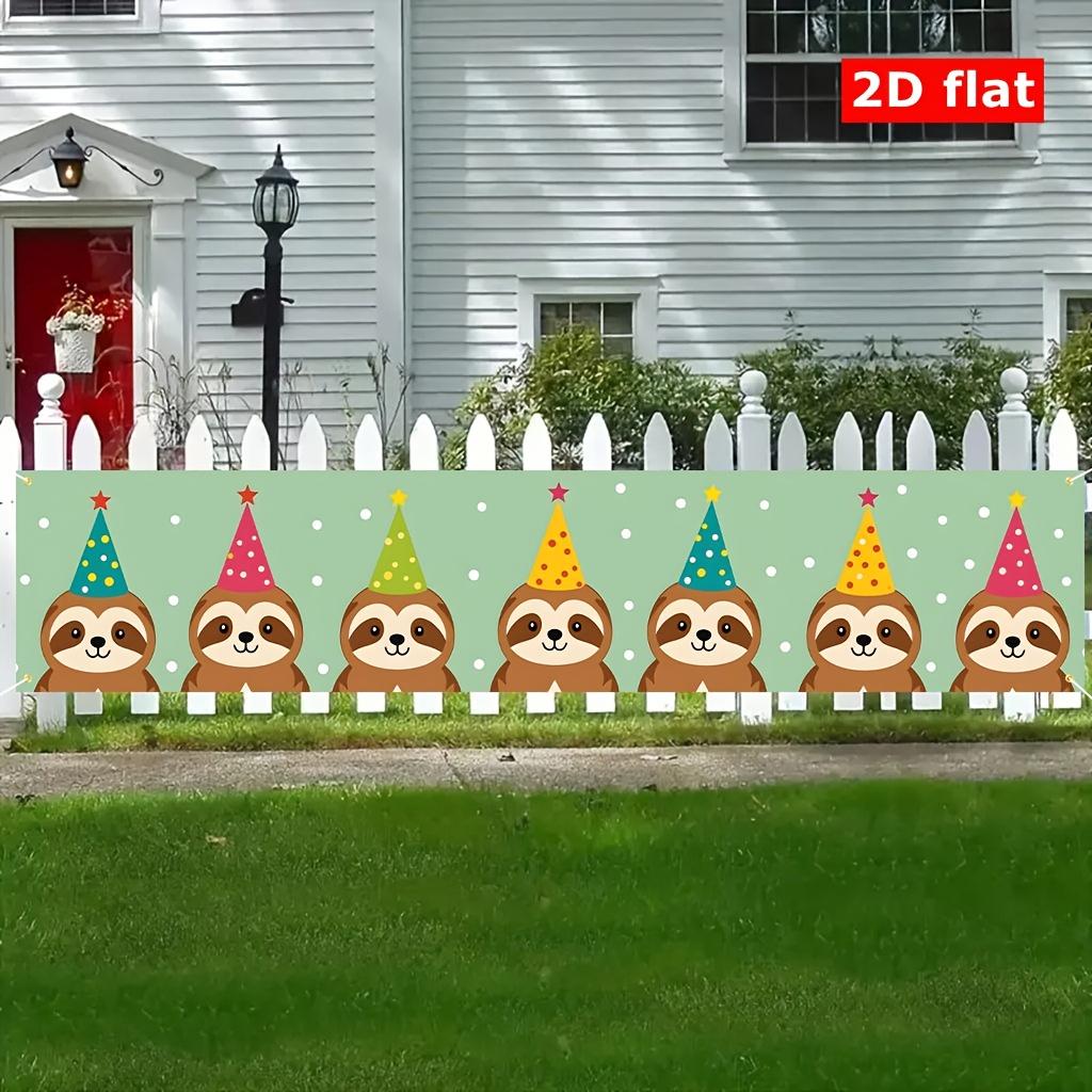 Group of Cartoon Sloths Wearing Party Hats Banner, Outdoor Backdrop Design, Polyester Birthday Anniversary Balcony Garden Decoration