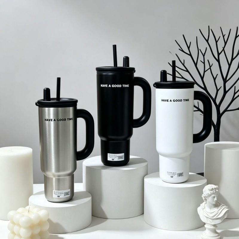 700ml Portable Stainless Steel Travel Mug With Handle Straw Lid Car Office Outdoor Use