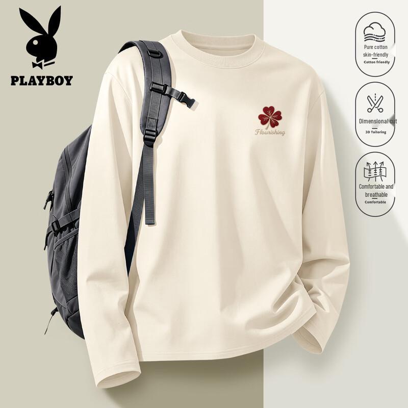 PLAYBOY Men's Cotton Long-Sleeve Clover Print Crewneck T-Shirt