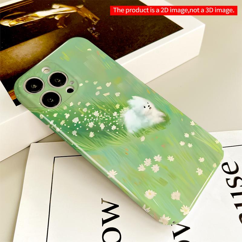 2DFlat White Pup in Dreamy Green Meadow All inclusive film hard iPhone case, compatible with iPhone 18 Pro Max 17 16 15 14 13 12 11