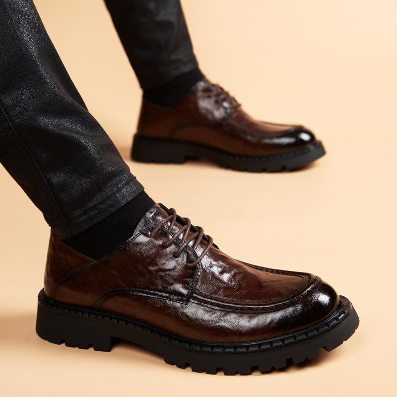 Мужские новые толстоподошвенные из натуральной кожи business casual мягкая кожа круглый носок британский стиль для commuting дерби туфли