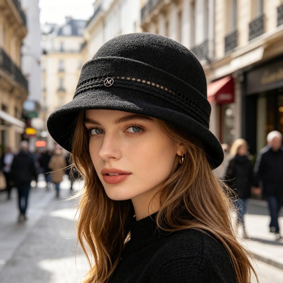 (One Size, Black) Women's Bucket Hat Hollow Knit Breathable Fisherman Cap Stylish Decorative Letter Detail Sun Hat