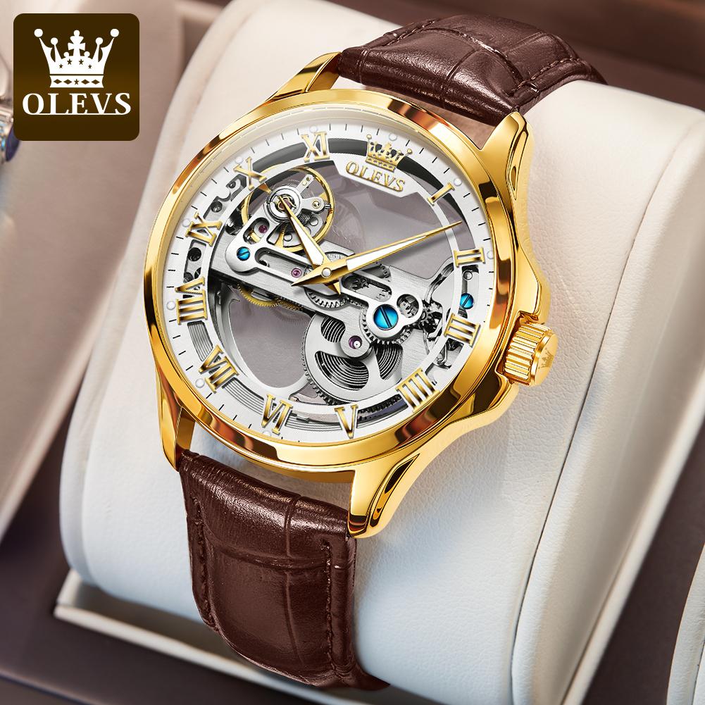 OLEVS 6661 Fully Hollow Automatic Man Watch Fashion Leather Strap Waterproof Luminous Hand Clock Men's Mechanical Wristwatches