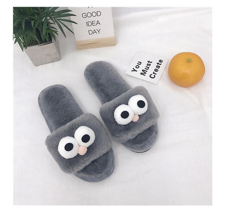 Fashion Cute Big Eyes Pom Pom Fur Shoes Women Spring Autumn Home Slippers Ladies Winter Flip Flops Cozy Warm Winter Slides