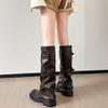Cowhide version of long boots women's thick-soled heightening niche pleated trouser boots 2025 new mid-tube western knight boots.