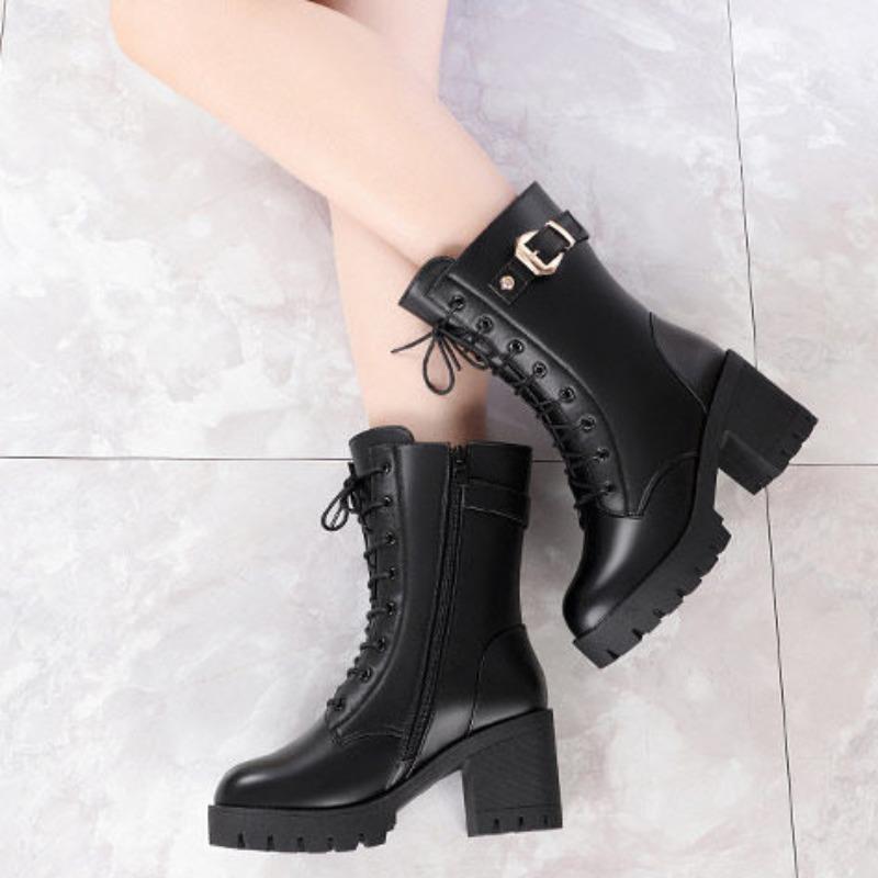 Водонепроницаемые зимние ботинки женские 2025 зимние шерстяные теплые кожаные ботинки средние цилиндрические высокие женские ботинки модные платья Botas Mujer