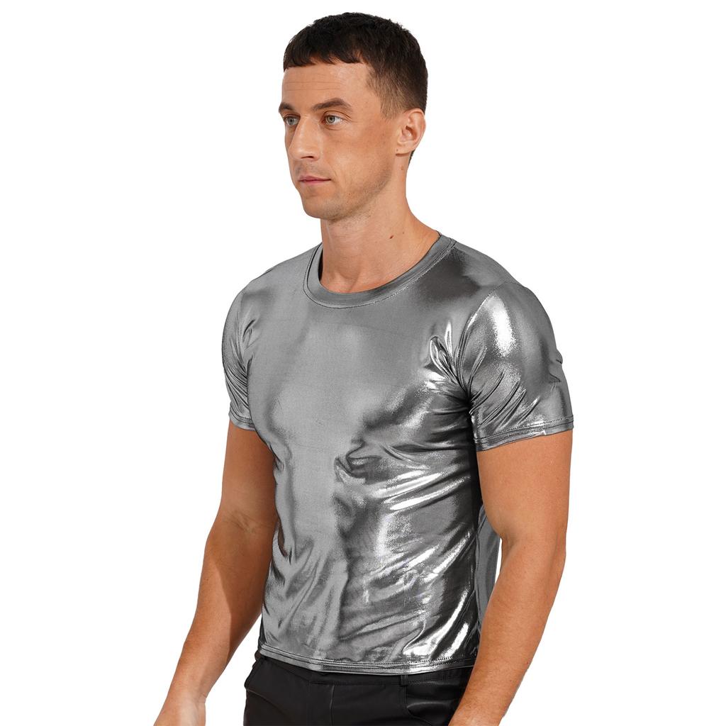 Мужская футболка с коротким рукавом и круглым вырезом, однотонные блестящие металлические топы для танцевальной вечеринки на отдыхе
