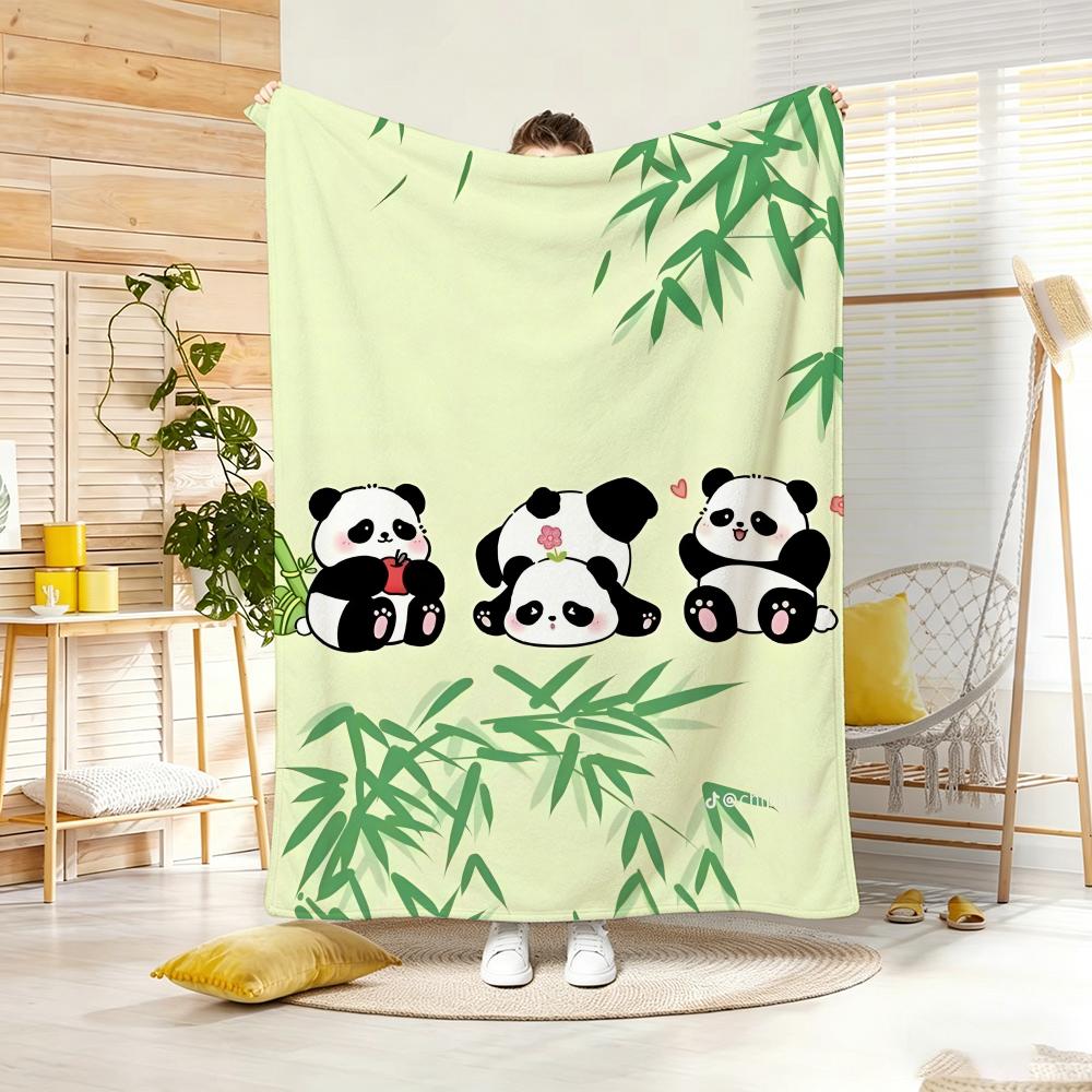 Cute Stacked Panda on Bamboo Graphic Throw Lightweight 240g Flannel Blanket Soft Skin-friendly for Summer Cooling