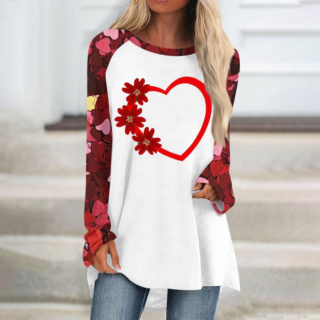 Женский модный универсальный топ с длинным рукавом и средней длиной с принтом в виде сердечек ко Дню святого Валентина