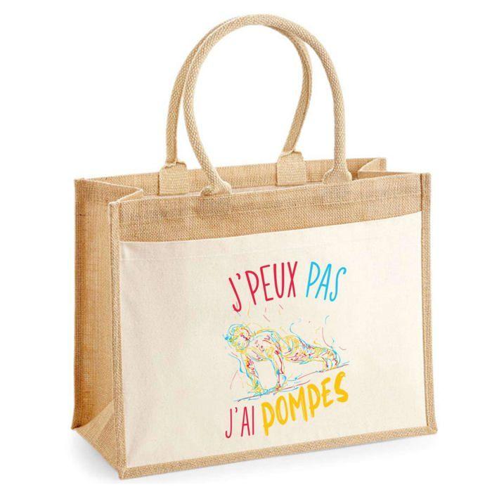Sac de plage - PLANETEE - jute avec poche « Pompes Push-Up J'peux pas » - Coton - Multicolore - 43x33 cm