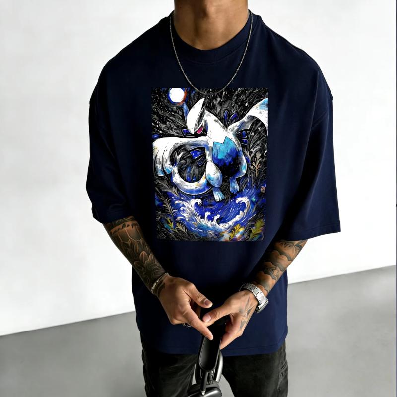 Pokémon Anime Lugia Printed Cotton Tshirt 2026 Summer Mens and Womens Loose Casual Street Versatile Trend Short Sleeved Top