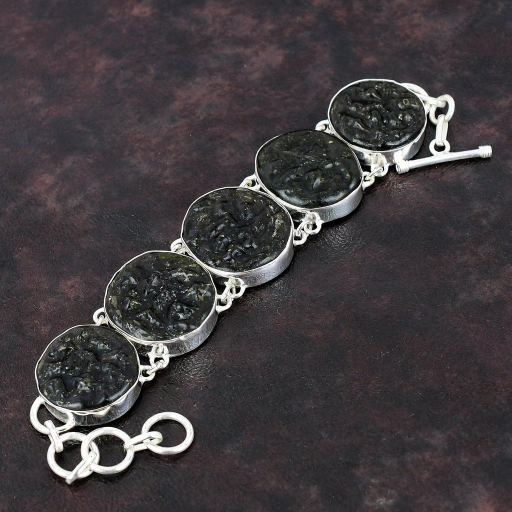 Молдавитовый браслет Ювелирные изделия из драгоценных камней Браслет из стерлингового серебра 925 пробы Браслет ручной работы Регулируемый браслет-цепочка Подарок для него Ювелирные изделия из камня по рождению