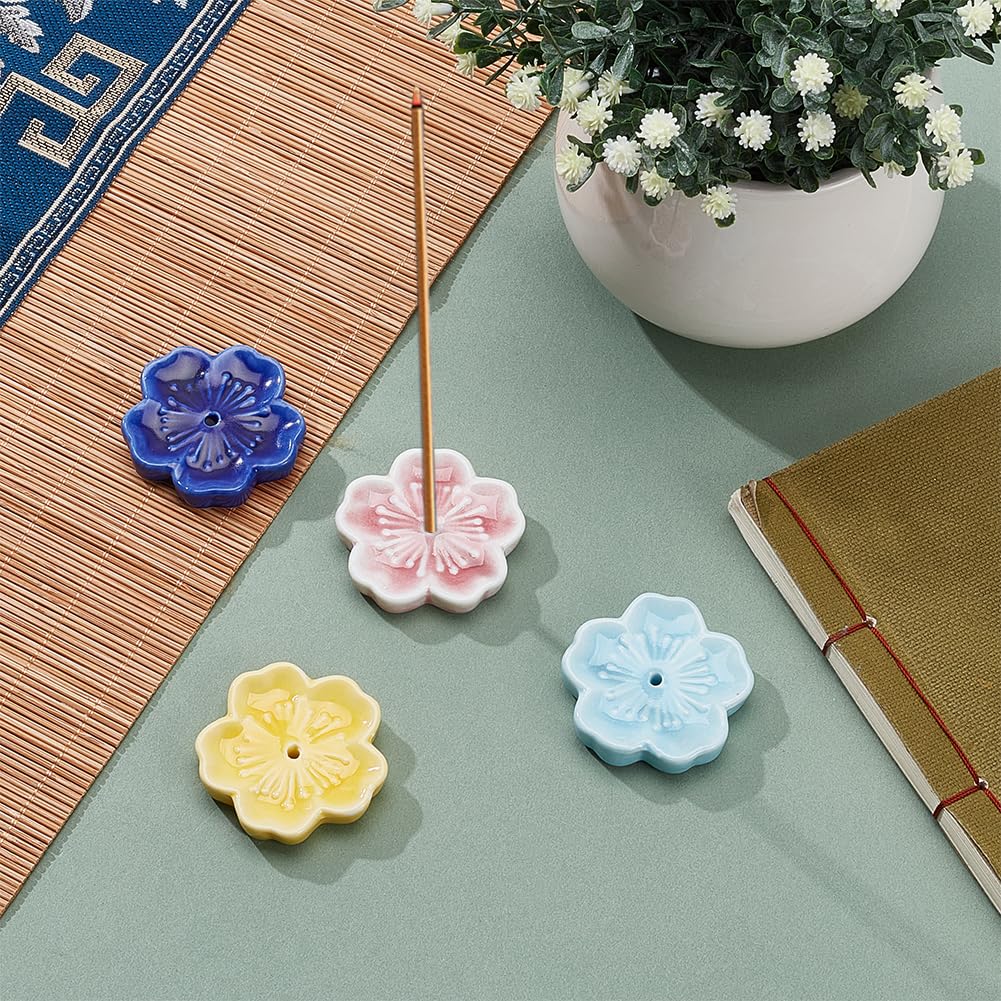 OLYCRAFT Cherry Blossom Ceramic Incense Holder, 45x47x8mm, 4 Colors, Japanese Style Decor, Ideal for Meditation and Relaxation, Perfect as a Gift or